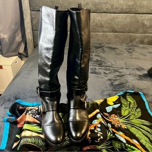 Womens Vince Camuto Leather Harness Stretch Flat Riding Boots Black 8.5 38.5